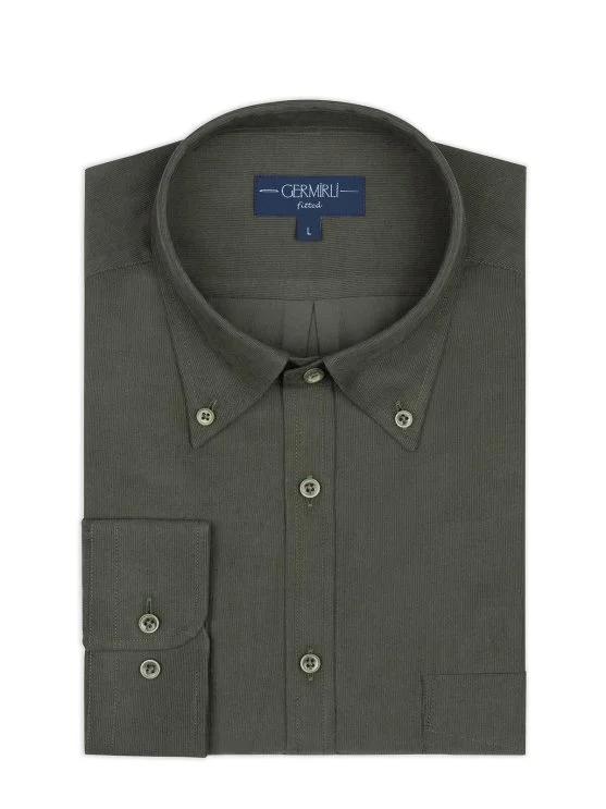 Germirli Khaki Green Ribbed Plain Tailor Fit Relaxed Fit Button-down Collar Albini Thin Velvet Shirt - Germirli 