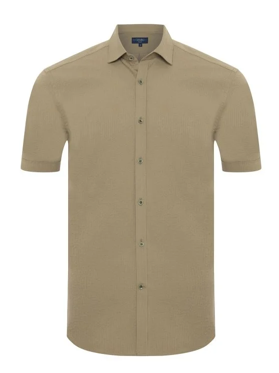 Germirli Khaki Tailor Fit Soft Collar Seersucker Men's Short Sleeve Cotton Shirt - Germirli 