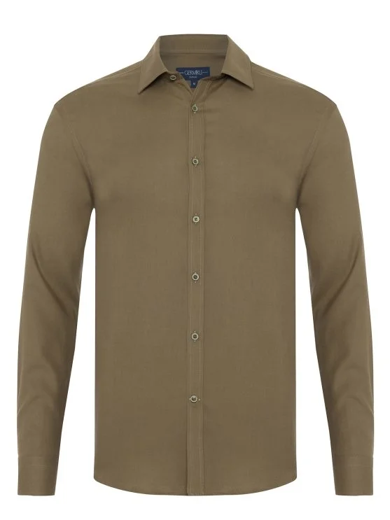 Germirli Khaki Twill Texture Soft Collar Tailor Fit Cotton Wool Shirt - Germirli 