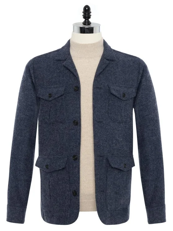 Germirli Flecked Wool Navy Blue Albiate Herringbone Tailor Fit Utility Jacket - Germirli 