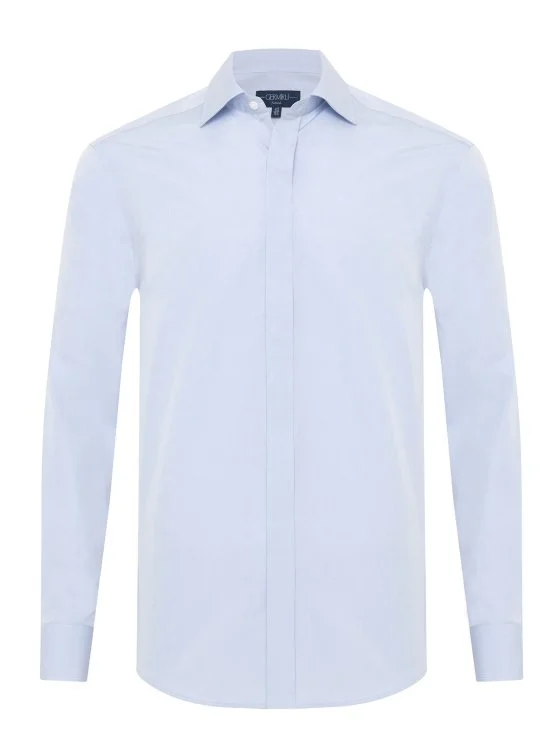 Light Blue Hidden Placket Classic Collar Tailor Fit Cotton Shirt with Germirli - Germirli 