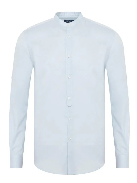 Light Blue Tailor Fit Men's Crew Neck Cotton Linen Shirt with Germirli - Germirli 