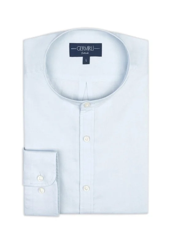 Light Blue Tailor Fit Men's Crew Neck Cotton Linen Shirt with Germirli - Germirli 