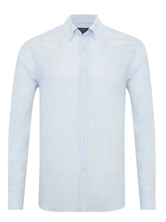 Light Blue Voile Button-Down Collar Tailor Fit Cotton Shirt with Germirli - Germirli 