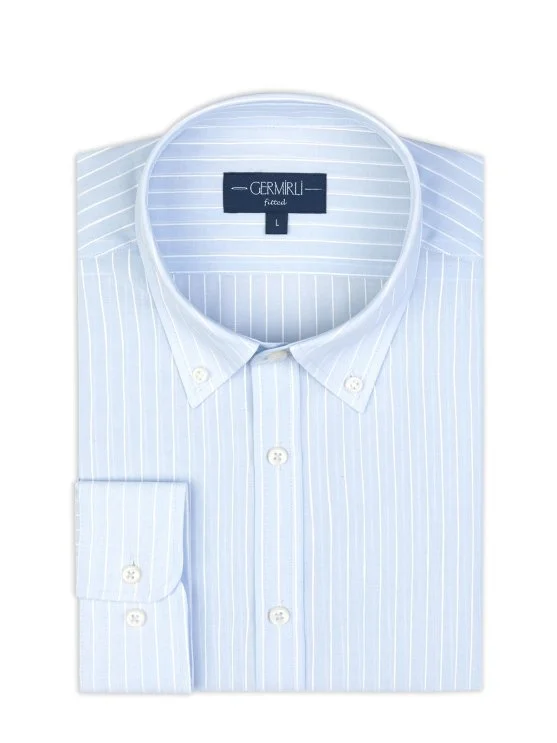 Light Blue Voile Button-Down Collar Tailor Fit Cotton Shirt with Germirli - Germirli 