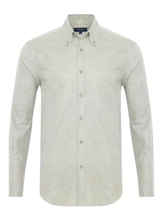 Germirli Light Grey Button-Down Collar Albini Cotton Tencel Tailor Fit Relaxed Fit Herringbone Flannel Shirt - Germirli 