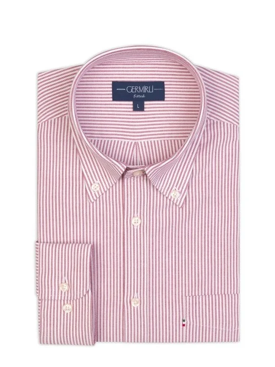 Germirli Burgundy Striped Button-Down Collar Pocket Tailor Fit Sport Oxford Men's Shirt - Germirli 