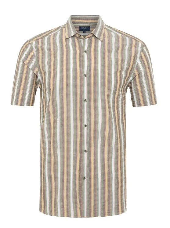 Germirli Multicolor Striped Tailor Fit Soft Collar Seersucker Men's Short Sleeve Cotton Shirt - Germirli 