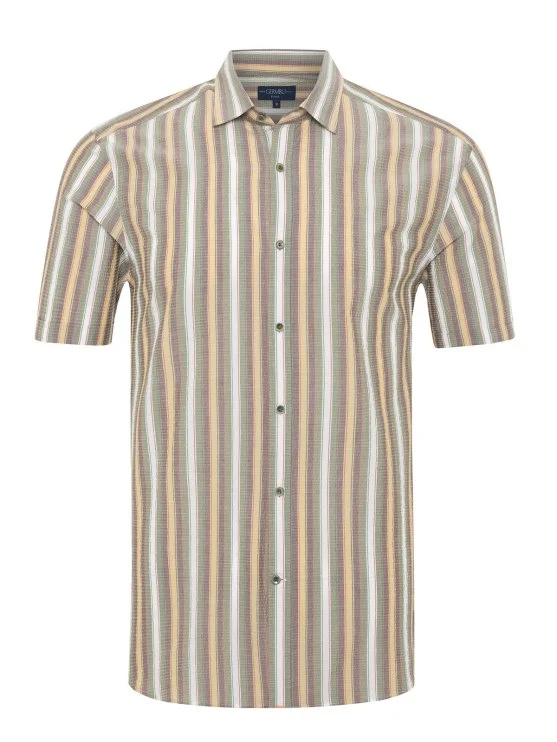 Germirli Multicolor Striped Tailor Fit Soft Collar Seersucker Men's Short Sleeve Cotton Shirt - Germirli 