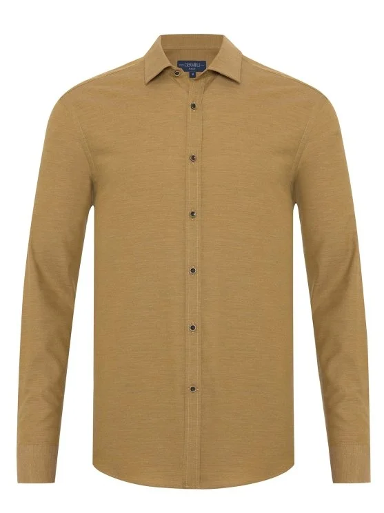 Germirli Mustard Twill Texture Soft Collar Tailor Fit Cotton Shirt - Germirli 