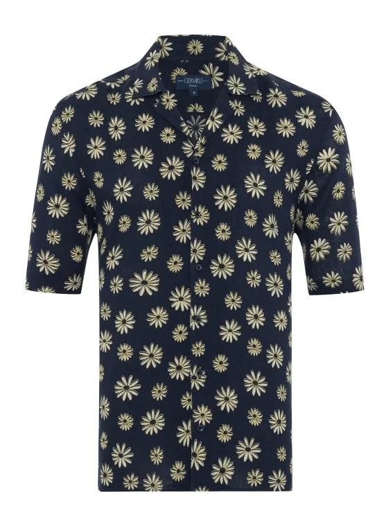 Germirli Navy Blue Floral Patterned Tailor Fit Hawaiian Collar Summer Linen Shirt - Germirli 