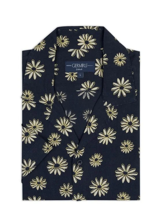 Germirli Navy Blue Floral Patterned Tailor Fit Hawaiian Collar Summer Linen Shirt - Germirli 