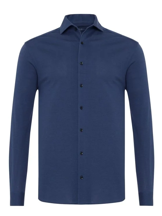 Germirli Navy Blue Knitted Fabric Lapel Collar Tailor Fit Cotton Shirt - Germirli 