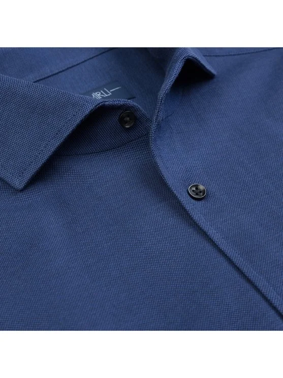 Germirli Navy Blue Knitted Fabric Lapel Collar Tailor Fit Cotton Shirt - Germirli 