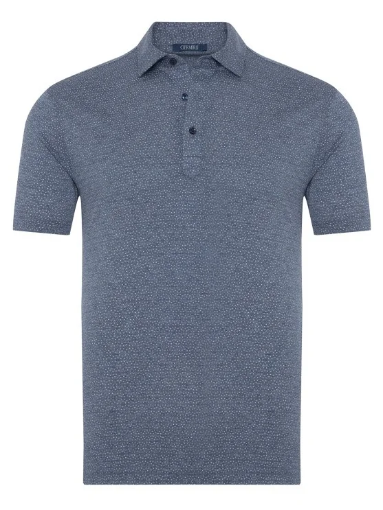 Germirli Navy Blue Piquet Patterned Shirt Collar Regular Fit T-Shirt - Germirli 