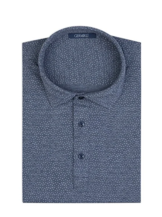 Germirli Navy Blue Piquet Patterned Shirt Collar Regular Fit T-Shirt - Germirli 