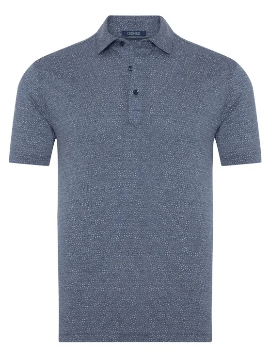 Germirli Navy Blue Piquet Patterned Shirt Collar Regular Fit T-Shirt - Germirli 