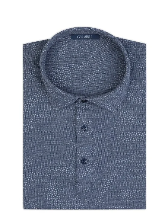 Germirli Navy Blue Piquet Patterned Shirt Collar Regular Fit T-Shirt - Germirli 