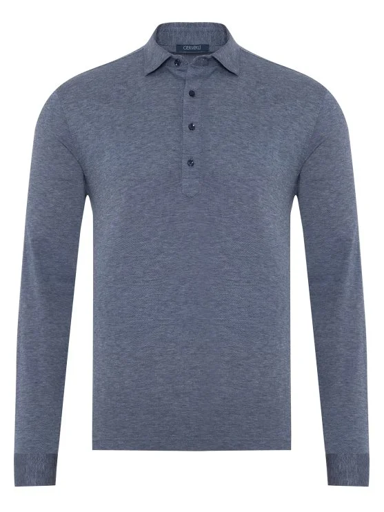Germirli Navy Blue Piquet Shirt Collar Regular Fit Long Sleeve T-Shirt - Germirli 