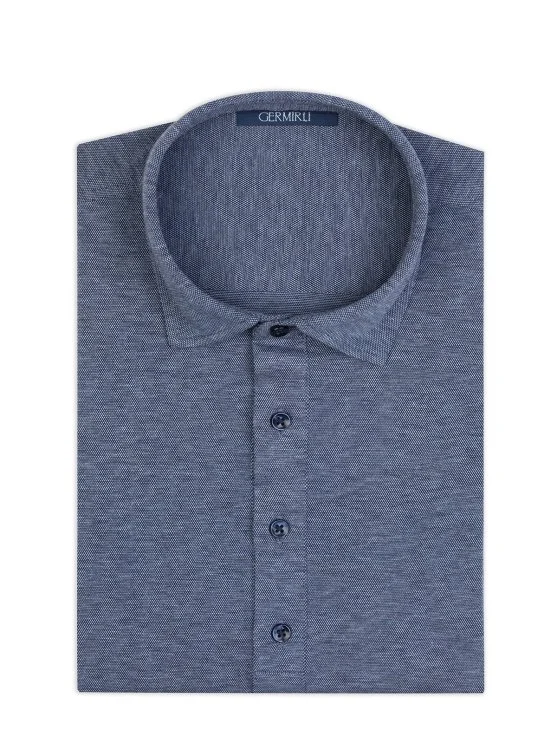 Germirli Navy Blue Piquet Shirt Collar Regular Fit Long Sleeve T-Shirt - Germirli 