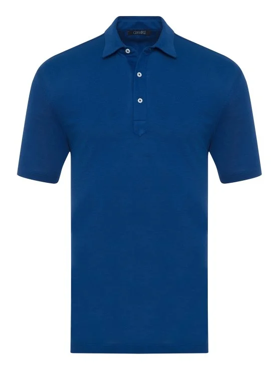 Germirli Navy Blue Piquet Shirt Collar Regular Fit Mercerized T-Shirt - Germirli 