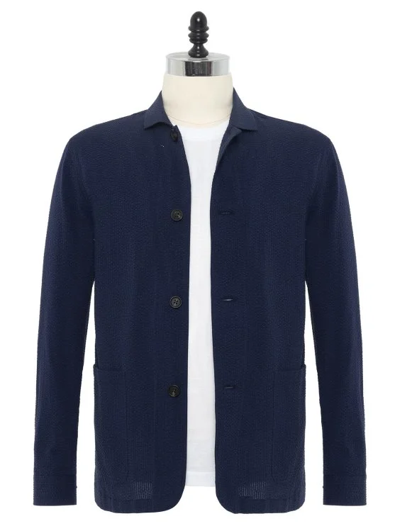 Germirli Navy Blue Seersucker Texture Tailor Fit Cotton Beyoğlu Jacket Shirt - Germirli 