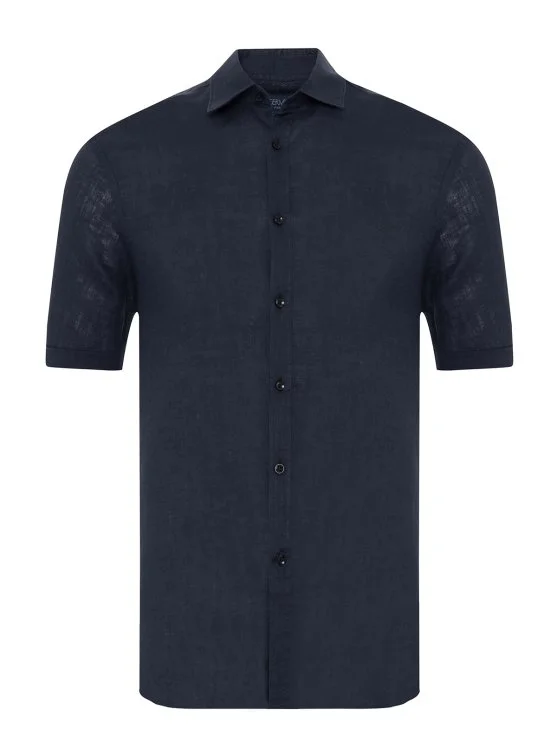 Germirli Navy Blue Soft Collar Tailor Fit Short Sleeve Linen Shirt - Germirli 