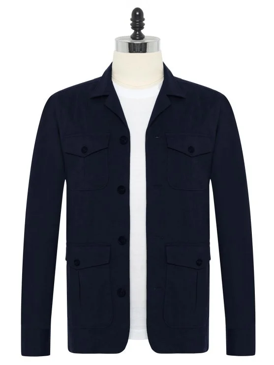 Germirli Navy Blue Twill Texture Tailor Fit Cotton Elastane Utility Jacket Shirt - Germirli 