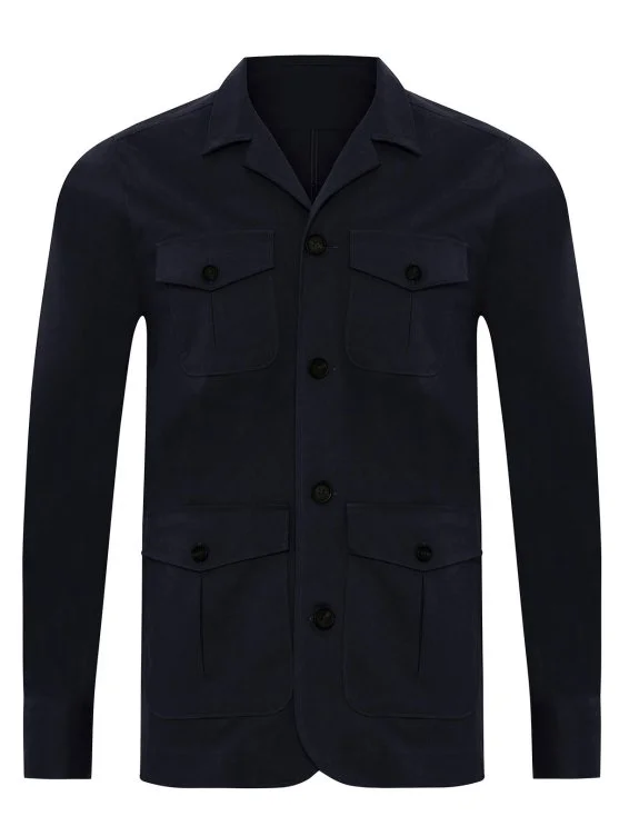 Germirli Navy Blue Twill Texture Tailor Fit Cotton Elastane Utility Jacket Shirt - Germirli 