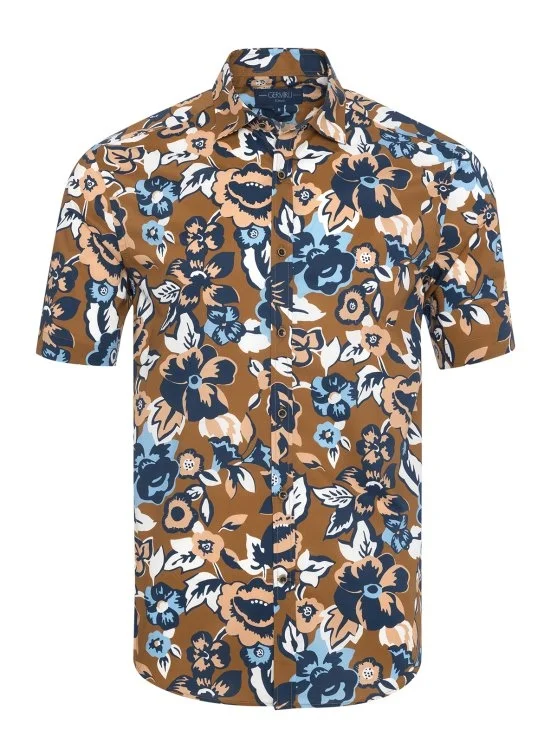 Germirli Navy Blue Coffee Printed Soft Collar Tailor Fit Short Sleeve Shirt - Germirli 
