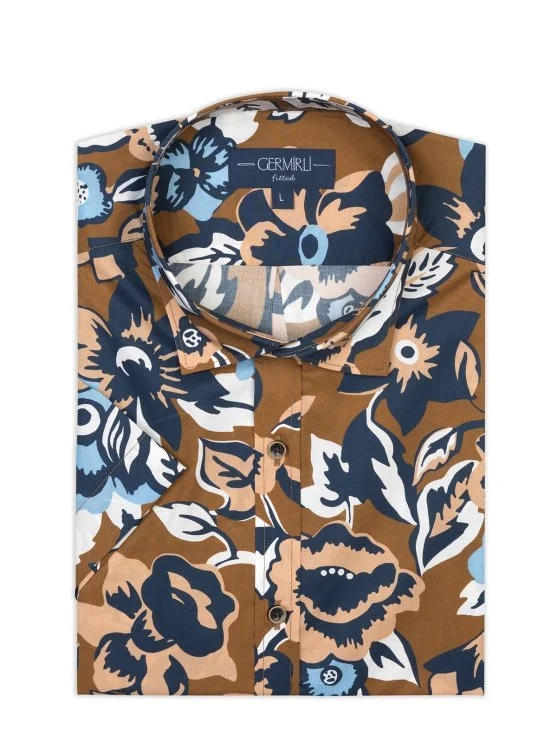Germirli Navy Blue Coffee Printed Soft Collar Tailor Fit Short Sleeve Shirt - Germirli 