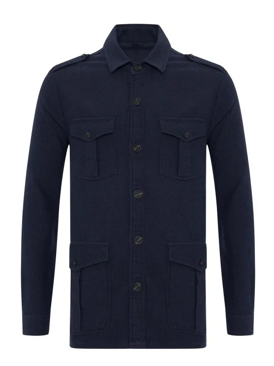 Germirli Navy Blue Denim Textured Germirli Tailor Fit Relaxed Fit Safari Organic Denim Cotton Jacket Shirt - Germirli 