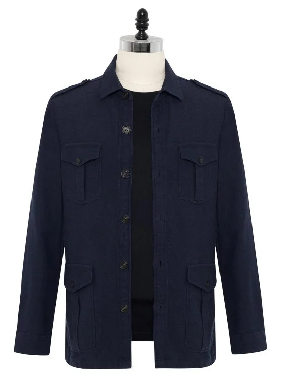 Germirli Navy Blue Denim Textured Germirli Tailor Fit Relaxed Fit Safari Organic Denim Cotton Jacket Shirt - Germirli 