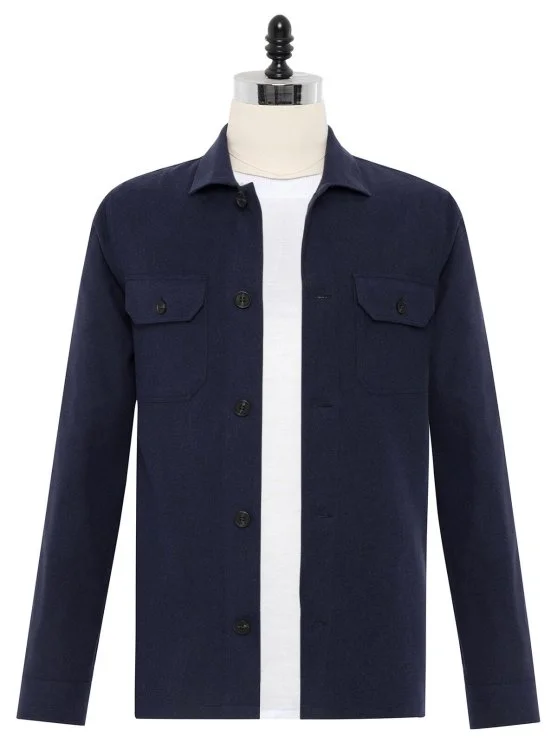 Germirli Navy Blue Flannel Cotton Lyocell Tailor Fit Relaxed Fit Jacket Shirt - Germirli 