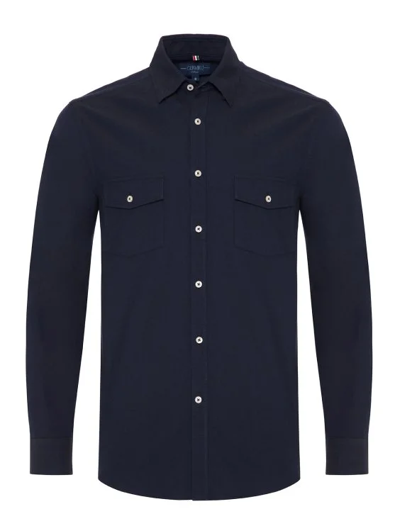 Germirli Navy Hidden Button Collar Flap Pocket Tailor Fit Sport Oxford Men's Shirt - Germirli 