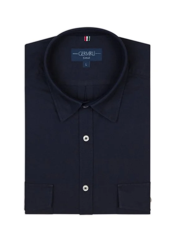 Germirli Navy Hidden Button Collar Flap Pocket Tailor Fit Sport Oxford Men's Shirt - Germirli 