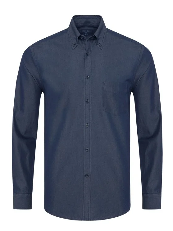 Germirli Navy Blue Pocket Button-down Collar Tailor Fit Exclusive Denim Shirt - Germirli 