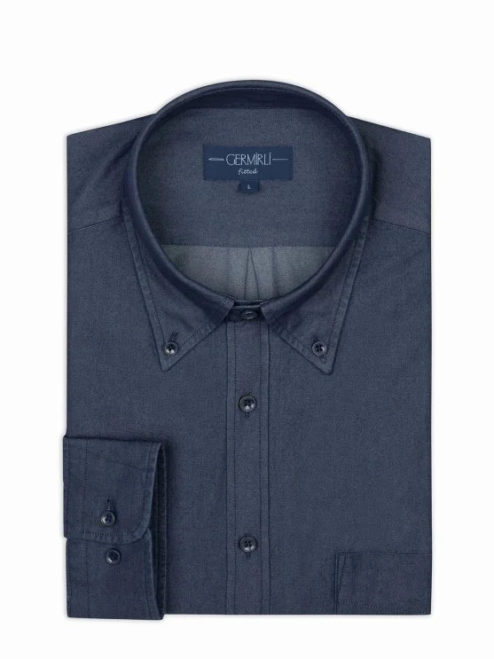 Germirli Navy Blue Pocket Button-down Collar Tailor Fit Exclusive Denim Shirt - Germirli 