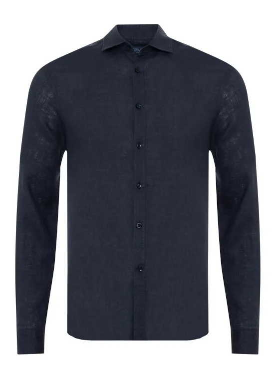 Germirli Navy Blue Soft Collar Tailor Fit Linen Shirt - Germirli 