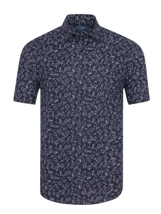 Germirli Navy Blue White Printed Patterned Soft Collar Tailor Fit Short Sleeve Shirt - Germirli 