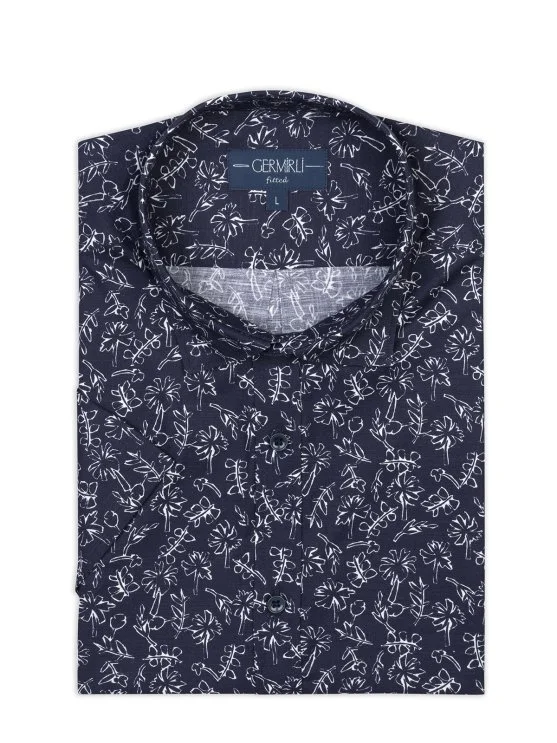 Germirli Navy Blue White Printed Patterned Soft Collar Tailor Fit Short Sleeve Shirt - Germirli 