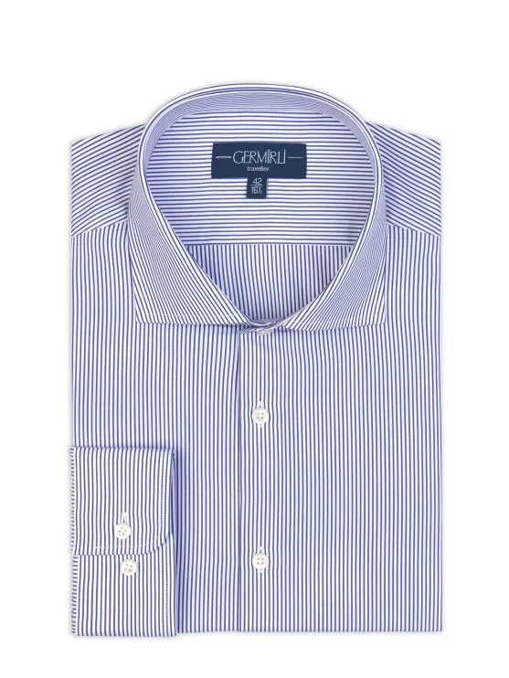 Germirli Navy Blue White Striped Tailor Fit 120/2 Journey Twill Non Iron Cotton Italian Collar Shirt - Germirli 