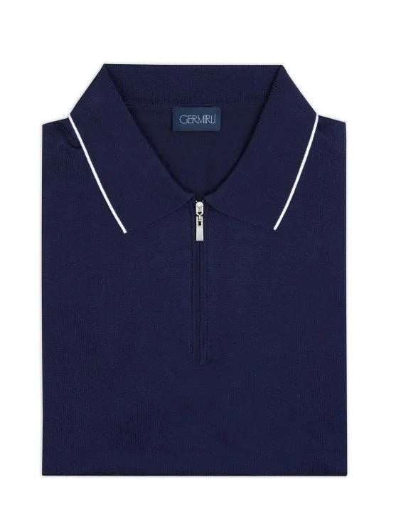 Germirli Navy Blue Zippered Polo Collar Cotton Regular Fit Sweater - Germirli 
