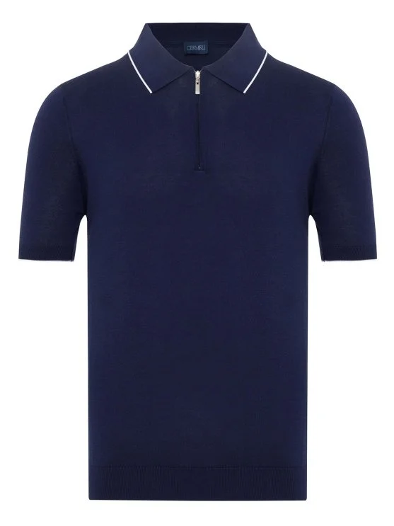 Germirli Navy Blue Zippered Polo Collar Cotton Regular Fit Sweater - Germirli 