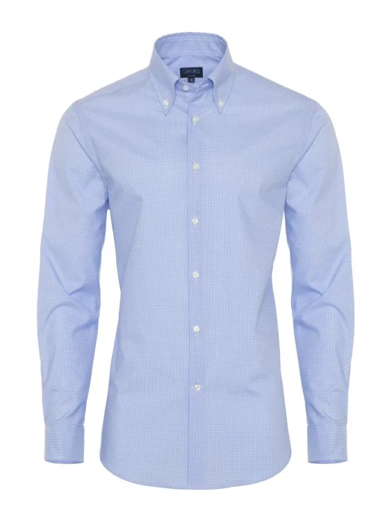 Non Iron Light Blue Checkered Button-Down Collar Tailor Fit Shirt with Germirli - Germirli 