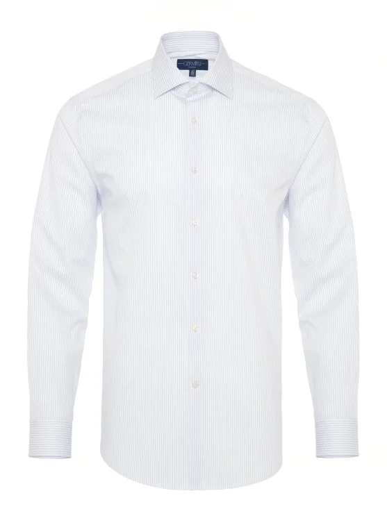Non Iron Navy Blue Striped Classic Collar Tailor Fit Shirt with Germirli - Germirli 