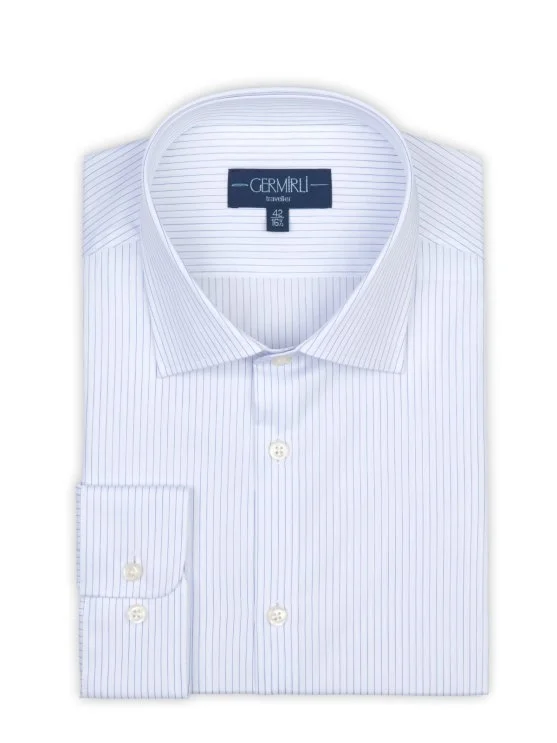 Non Iron Navy Blue Striped Classic Collar Tailor Fit Shirt with Germirli - Germirli 