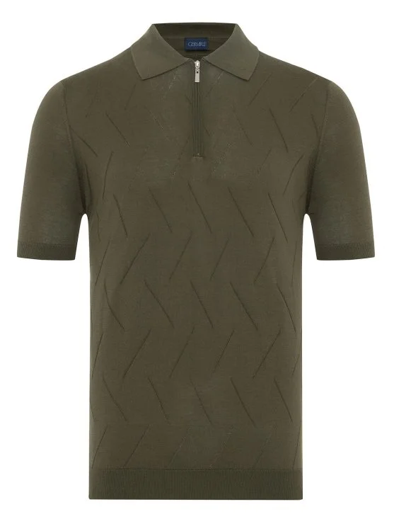 Germirli Olive Green Thin Link Zipper Polo Collar Regular Fit Cotton Sweater - Germirli 