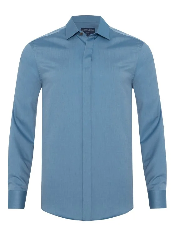 Germirli Petrol Blue Hidden Placket Soft Collar Tailor Fit Diagonal Pattern Cotton Shirt - Germirli 