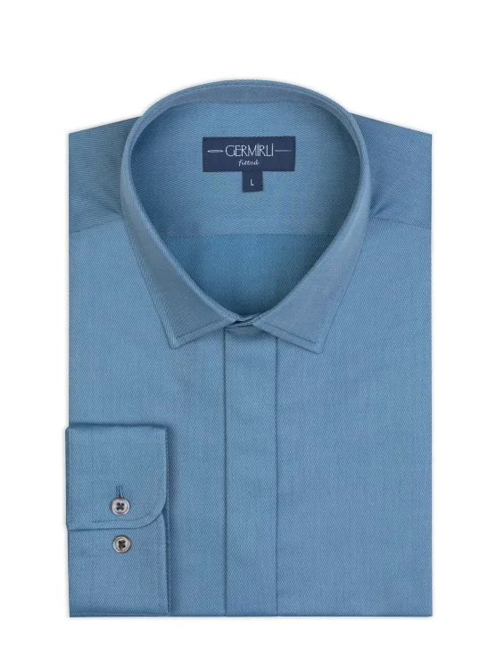 Germirli Petrol Blue Hidden Placket Soft Collar Tailor Fit Diagonal Pattern Cotton Shirt - Germirli 